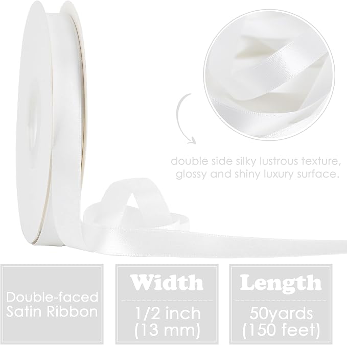 HUIHUANG White Satin Ribbon 1/2 inch X 50 Yards Continuous, DIY Crafts - Image 2