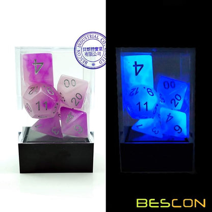 Bescon Two Tone Glowing Polyhedral Dice 7pcs Set Frosty Amethyst, Luminous RPG - Image 5