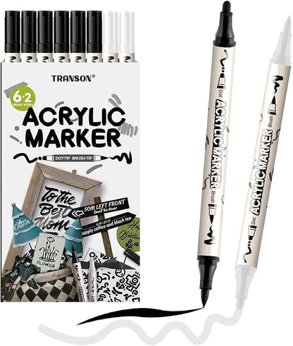 TRANSON 6 Black and 2 White Paint Markers Bold and Brush Dual-tip Acrylic Paint by Transon