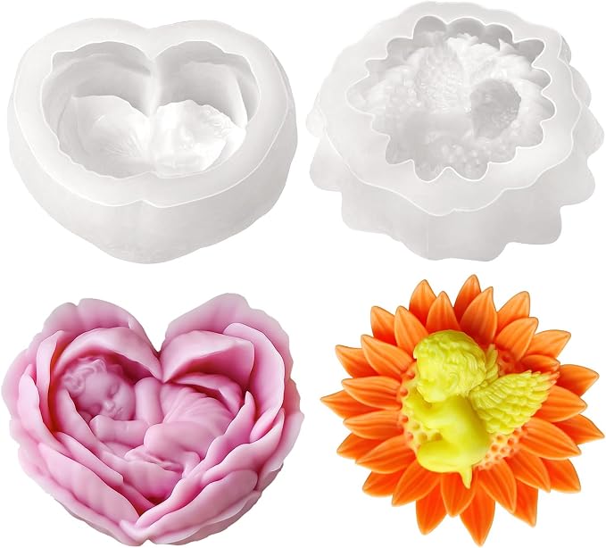 JDH 2PCS Flower Candle Molds, Heart Rose Candle Mold, 3D Angel Baby in by JDHSilicone
