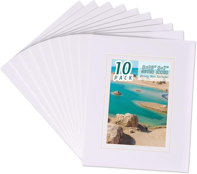 HOTUO 10 Pack Acid Free White Picture Frame Mats, Pre-Cut 8x10 Picture Mats by HOTUO