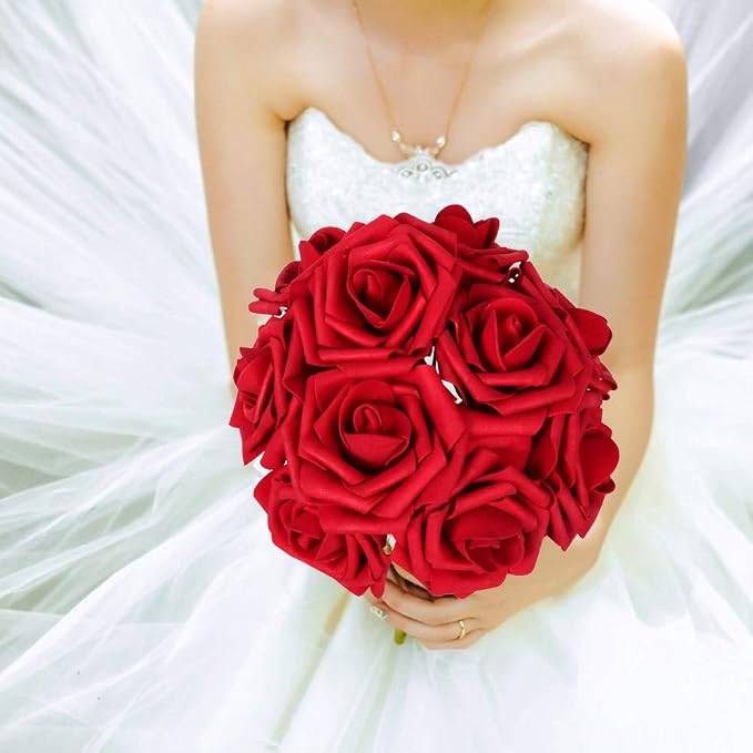 AmyHomie Artificial Flowers Dark Red Rose 50pcs Real Looking Fake Roses w/Stem - Image 4