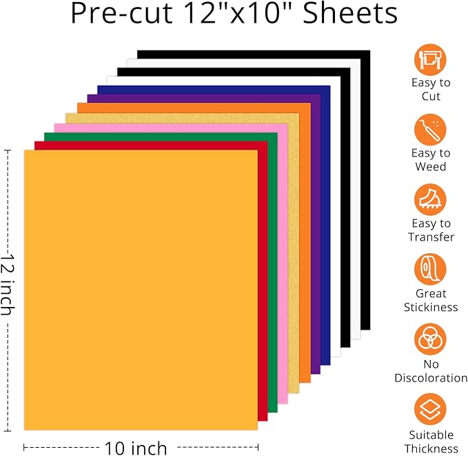 HTVRONT HTV Heat Transfer Vinyl -13 Pack HTV Vinyl Sheets, 10 Assorted Premium - Image 4