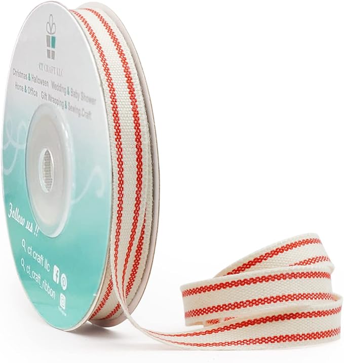 CT CRAFT LLC Ivory Cotton Red Stripes Ribbon 3/8" x 10 Yards by CTCRAFTLLC