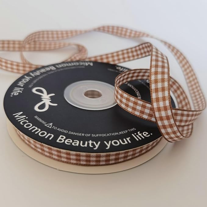 Micomon Khaki and White Woven Edge Plaid Ribbon 100% Polyester Gingham Ribbon - Image 5
