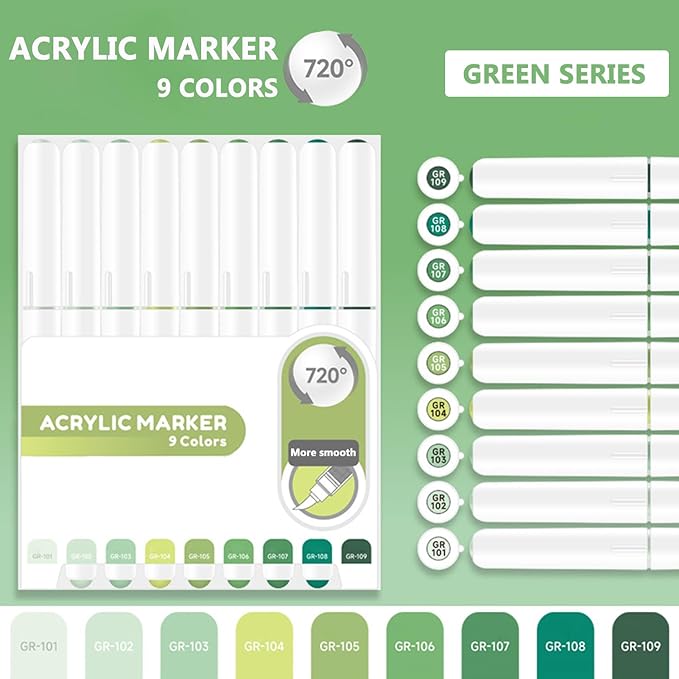 Water Based Acrylic Paint Markers Green, 9 Colors Acrylic Paint Pens Set - Image 2