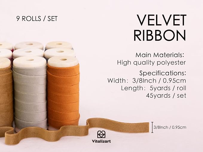 Vitalizart Velvet Ribbon Set 3/8" x 45 Yd Wooden Spool Fabric Trim - Image 2
