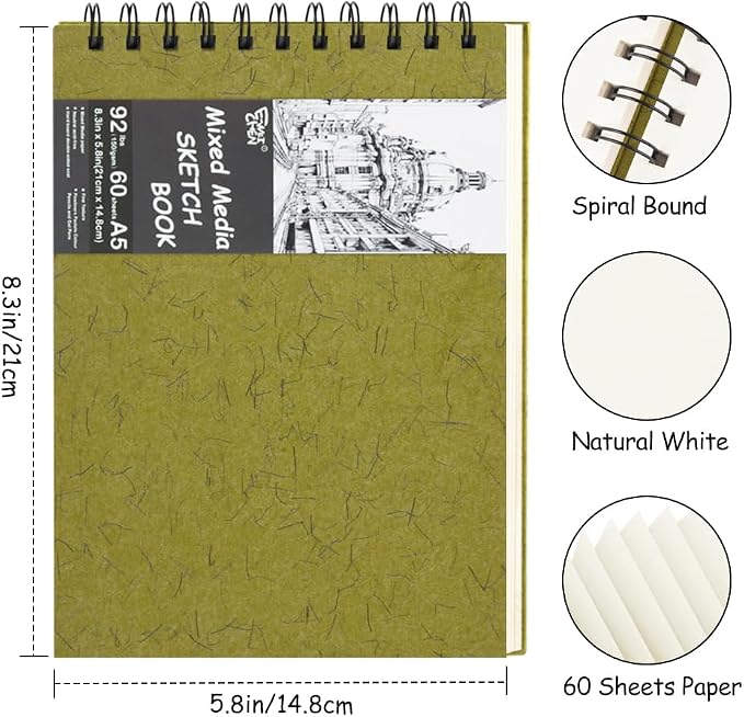 8.3x5.8 Sketch Book, Top Spiral Bound Sketch Pad, 60sheets 92lb/150gsm Nature - Image 2