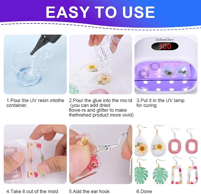 SolaraGlaze UV Resin Kit with Light 240g Hard Type Clear UV Resin Jewelry - Image 5
