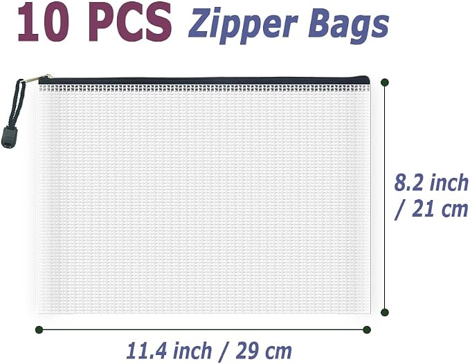 AUSTARK 10 Pcs Zipper File Bags, Waterproof Plastic Mesh Pouch - Image 2