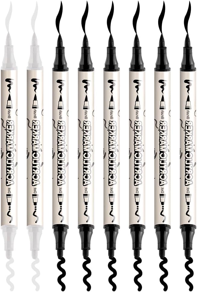 TRANSON 6 Black and 2 White Paint Markers Bold and Brush Dual-tip Acrylic Paint - Image 7