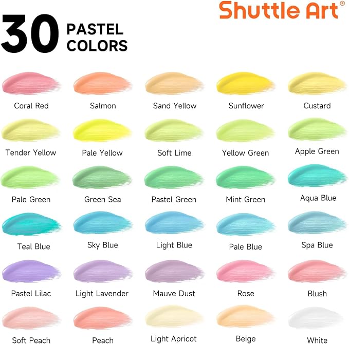 Shuttle Art 40 Pack Pastel Acrylic Paint Set, 30 Colors, 60ml/2oz Bottles - Image 2
