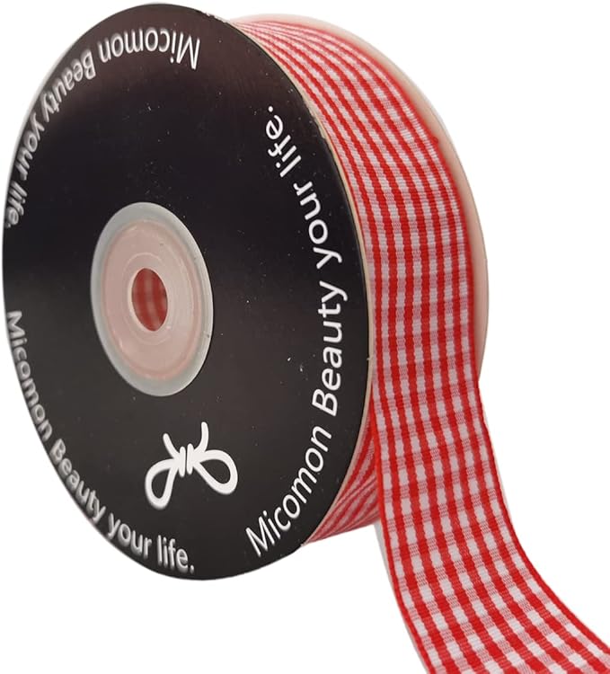 1 Inch Red and White Woven Edge Gingham Ribbon 25 Yards Each Roll 100% Polyester by Micomon