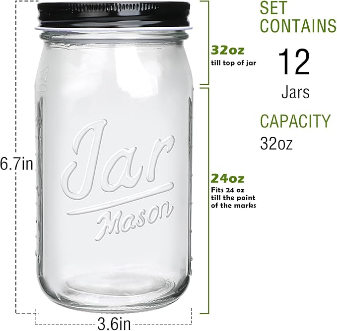 QAPPDA Wide Mouth Mason Jars 32 oz 12 Pack, Large Glass Jars Canning Jar - Image 2