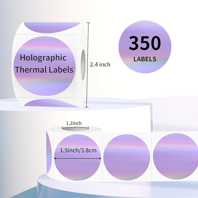 1.5" Holographic Direct Thermal Label Stickers, Round Printable Rainbow Glitter - Image 2