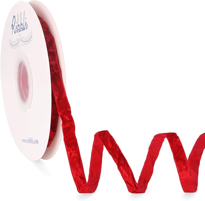 Ribbli Red Velvet Ribbon 3/8 Inches Luxury Crinkled Red Christmas Ribbon by Ribbli