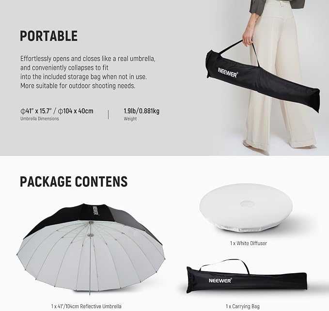 NEEWER 41"/104cm Parabolic Reflective Umbrella Photography - Image 9