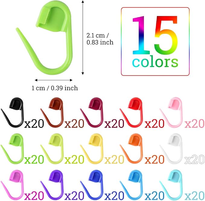 LUNARM 300 Pcs Stitch Markers, 15 Colors Crochet Stitch Needle Clip Knitting - Image 2