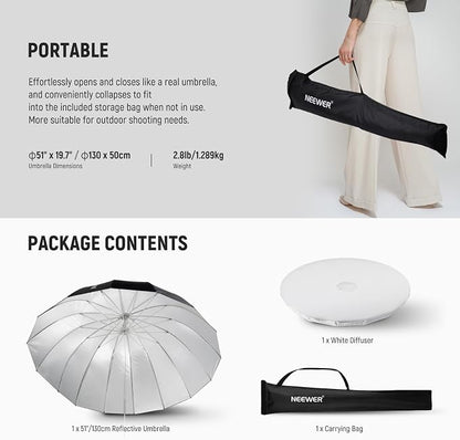 NEEWER 51"/130cm Parabolic Reflective Umbrella Photography - Image 9