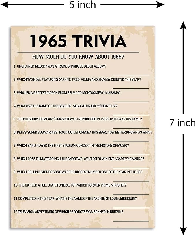 QUPT 60th Birthday Party Games, 1965 Trivia Games, Birthday Party Supplies - Image 2