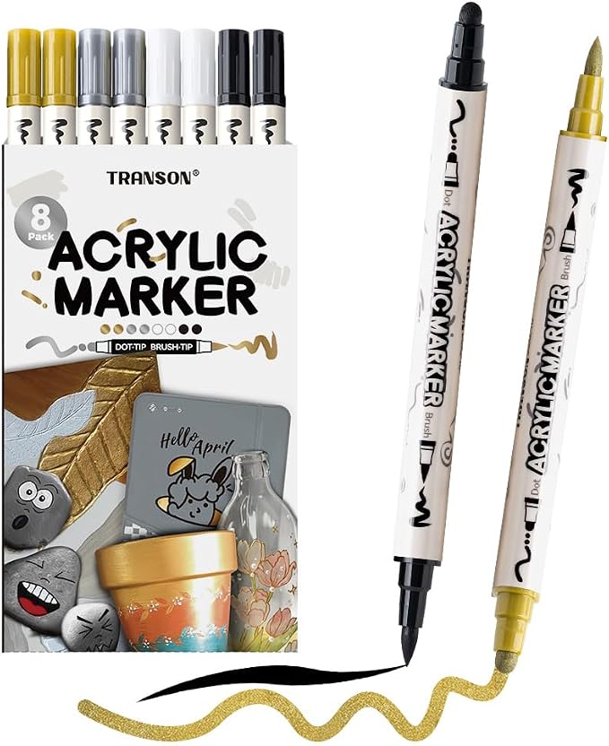TRANSON 2 Gold, 2 Silver, 2 Black and 2 White Paint Markers Brush and Bold by Transon