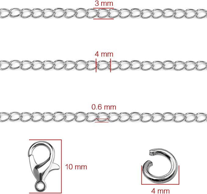 Jishi 33ft Necklace Extender Chain 3mm Silver Stainless Steel Curb Link Chain - Image 3