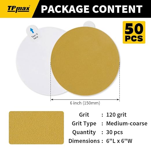 6-Inch 120-Grit Gold PSA Sanding Discs, 50 Pack – Pro-Grade Self-Adhesive - Image 2