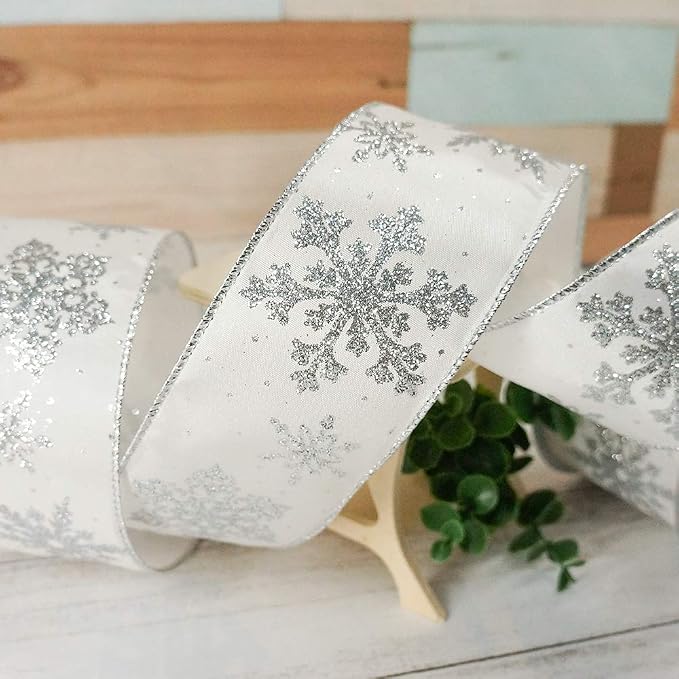 CT CRAFT LLC White Satin with Silver Snowflake Wired Ribbon 2.5 Inch x 10 Yards - Image 9