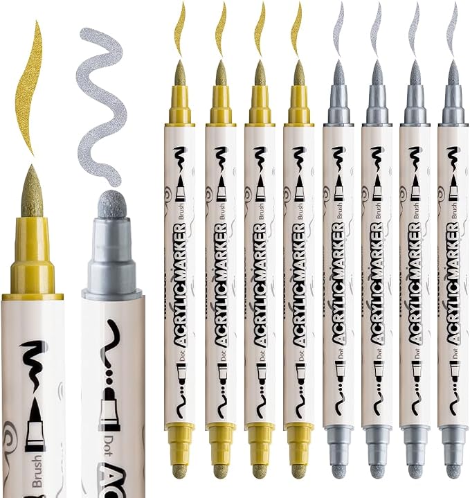 TRANSON 4 Silver and 4 Gold Paint Markers Brush and Bold Dual-tip Acrylic Paint - Image 6