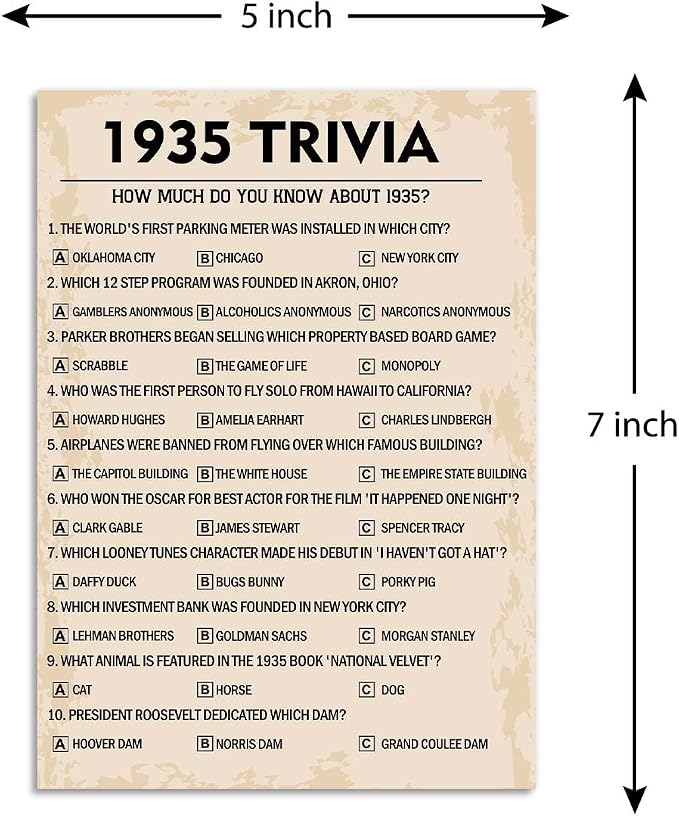 QUPT 90th Birthday Party Games, 1935 Trivia Games, Birthday Party Supplies - Image 2