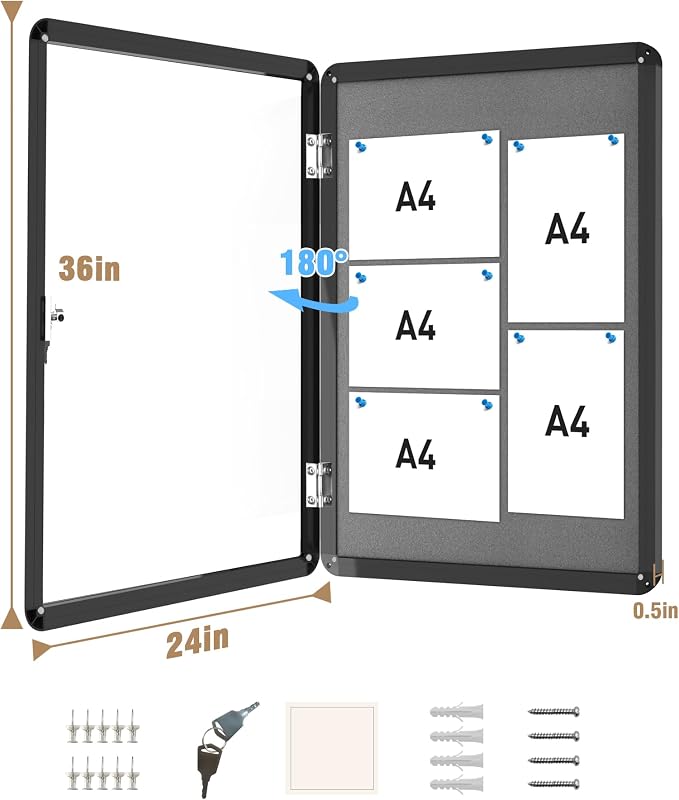 36"x24" Enclosed Bulletin Board, Lockable Weather-Resistant Aluminum Cork - Image 5