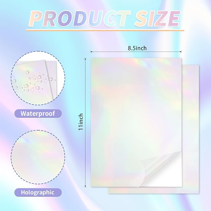 20 Sheets Holographic Sticker Paper, 8.5x11 Inch Clear Printable Vinyl Sticker - Image 2
