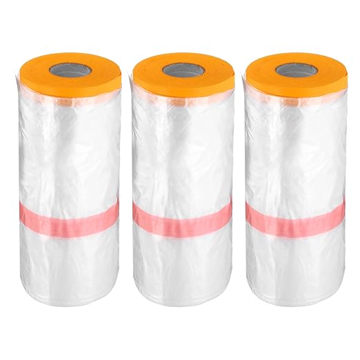 HARFINGTON 3 Rolls Pre-Taped Masking Film 106.3" x65.6ft Double Adhesive Tape by HARFINGTON