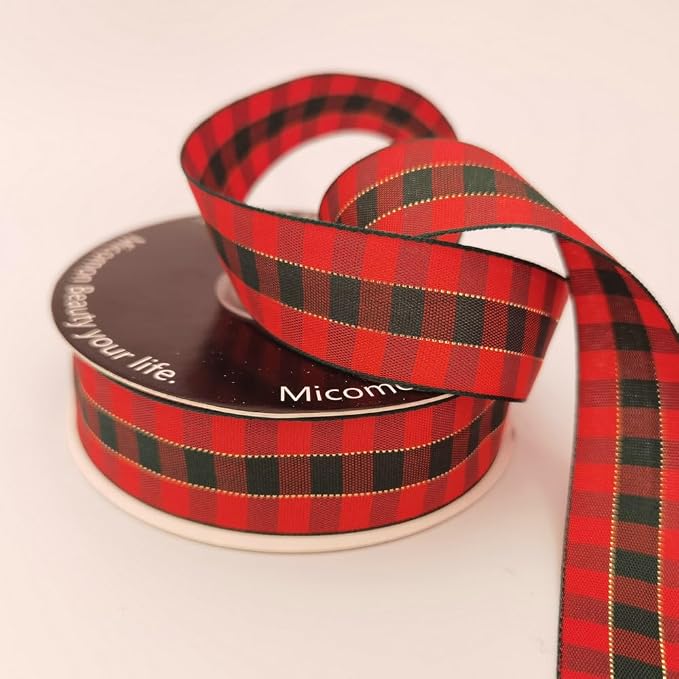 Micomon X'Mas Gingham Ribbon Green Red Metallic Gingham Ribbon 25 Yards Each - Image 8