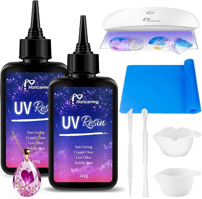 UV Resin Kit 200g with UV Light, Hard Type UV Resin Kit, Upgraded Formula & by Honcaring