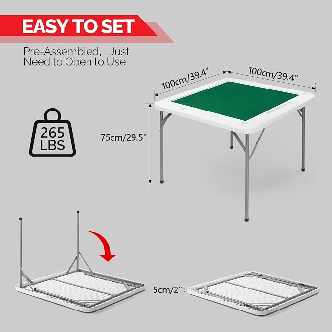 PEXMOR 39.5" Foldable Mahjong Table, Square 4 Player Card Game Table w/Cup - Image 7