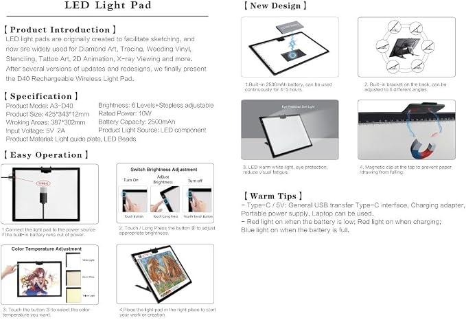 Wireless Rechargeable A3 LED Light Pad w/Built-in Foldable Stand, 3 Color Tone - Image 8