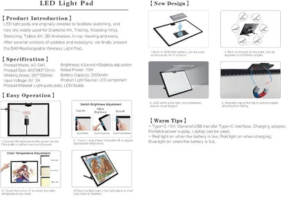 Wireless Rechargeable A3 LED Light Pad w/Built-in Foldable Stand, 3 Color Tone - Image 8