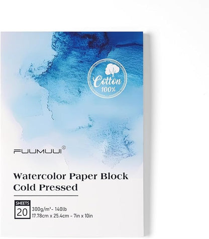 Watercolor Paper Block 7x10 Inch, Fuumuui 100% Cotton Paper Pad, 20 Sheets by FUUMUUI