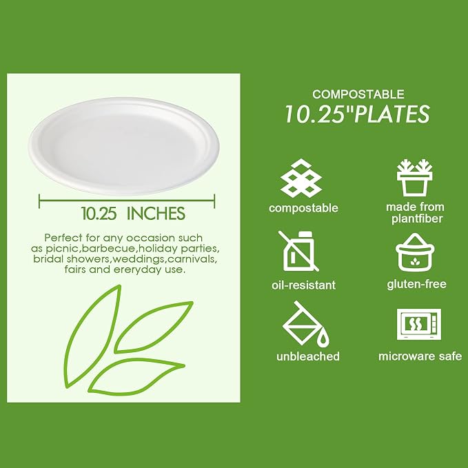 Vplus 500 Pack Compostable Disposable Paper Plates 10.25 inch Super Strong - Image 2