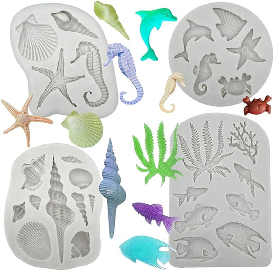 4PCS Marine Theme Fondant Silicone Mold Seaweed Sea Fish Crab Coral Conch Sea by GeoGeoDIY