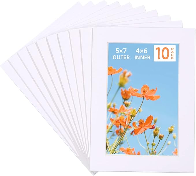 HOTUO 10 Pack 5x7 White Picture Mats, 4 Ply Thickness Frame Mattes by HOTUO