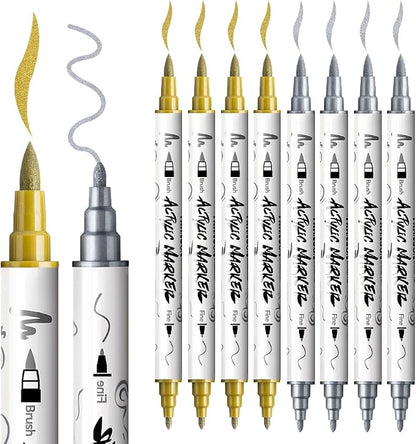 TRANSON 4 Gold and 4 Silver Paint Markers Brush and Fine Dual-tip Acrylic Paint - Image 6