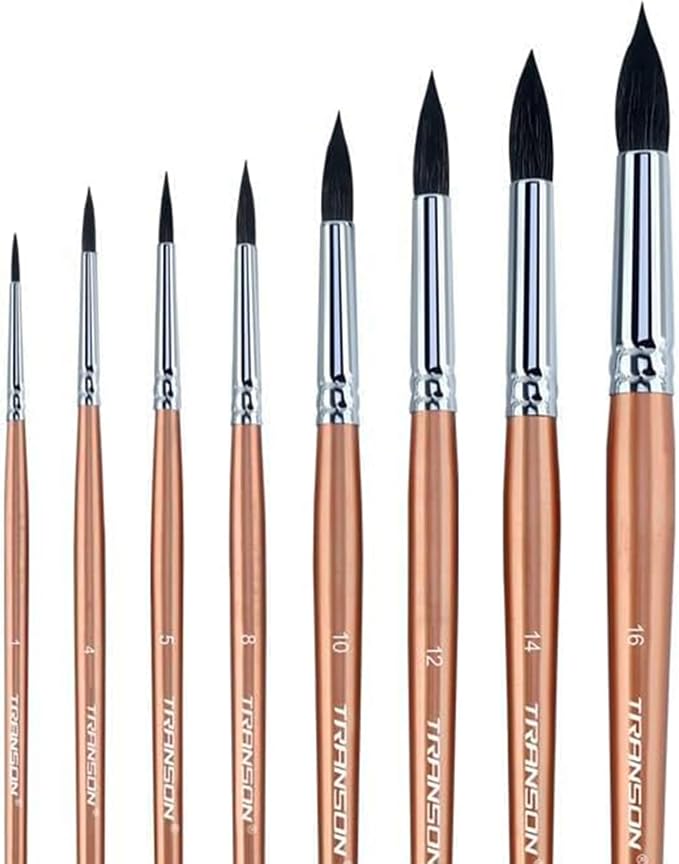 Transon 8pcs Round Watercolor Paint Brush Set Goat Hair by Transon