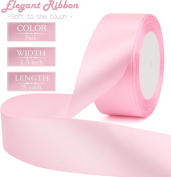 Pink Solid Satin Ribbon 1-1/2 Inch 25 Yards Solid Polyester Fabric Ribbon - Image 2