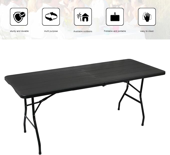 2-PCS 70.8" W X 29" D X 29" H - 6 ft Black Folding Table Heavy Duty Portable - Image 4