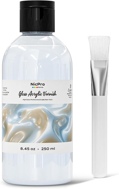Nicpro Gloss Varnish for Acrylic Painting 8.45oz, Non-Yellowing, Anti-Crazing by Nicpro