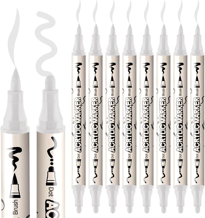 TRANSON 8 Pack White Brush and Bold Dual-tip Acrylic Paint Marker - Image 6