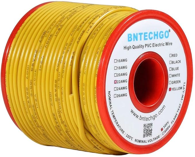 BNTECHGO 22 Gauge PVC 1007 Solid Electric Wire Yellow 100 ft 22 AWG 1007 Hook by BNTECHGO