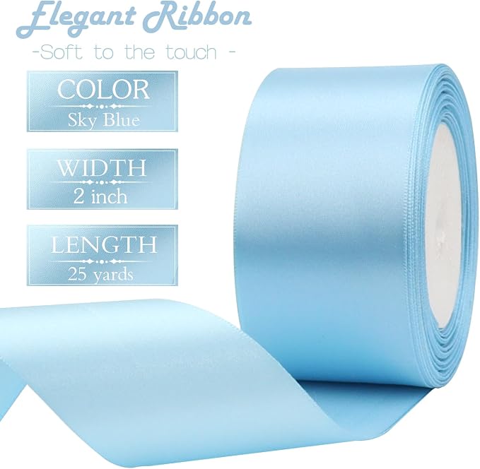 Sky Blue Solid Satin Ribbon 2 Inch 25 Yards Solid Polyester Fabric Ribbon - Image 3